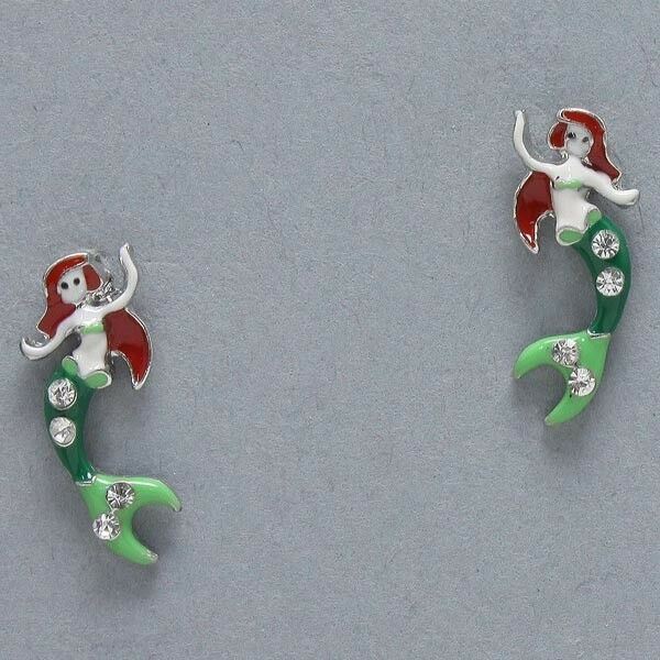 Mermaid Earrings Rhinestone SILVER 3/4" Stud Nautical SeaLife Beach Surf Jewelry - PalmTreeSky