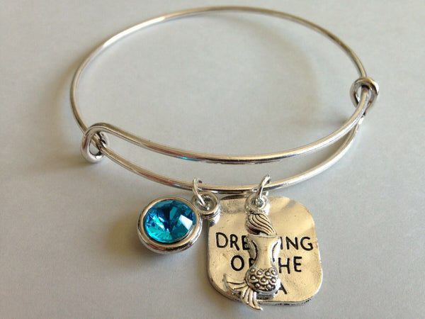 Mermaid Bracelet Adjustable Bangle Crystal Birthstone Month Charm Dreaming Sea - PalmTreeSky