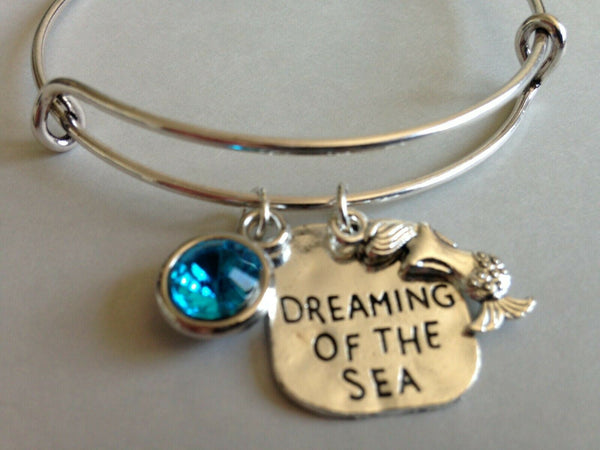 Mermaid Bracelet Adjustable Bangle Crystal Birthstone Month Charm Dreaming Sea - PalmTreeSky