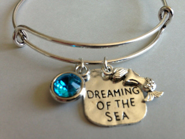 Mermaid Bracelet Adjustable Bangle Crystal Birthstone Month Charm Dreaming Sea - PalmTreeSky