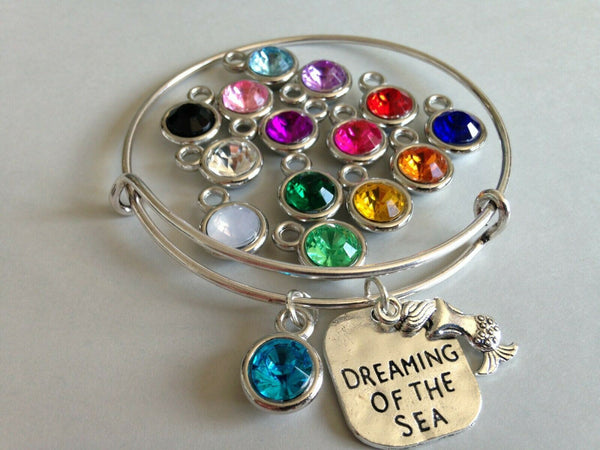 Mermaid Bracelet Adjustable Bangle Crystal Birthstone Month Charm Dreaming Sea - PalmTreeSky