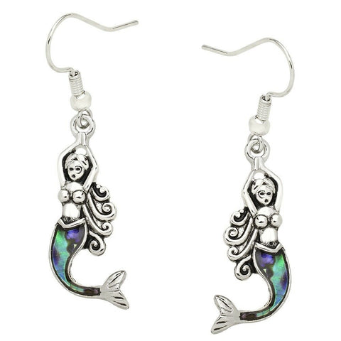 Mermaid Earrings Drop Dangle Beach Sea Life Nautical Swirl SILVER ABALONE SHELL - PalmTreeSky