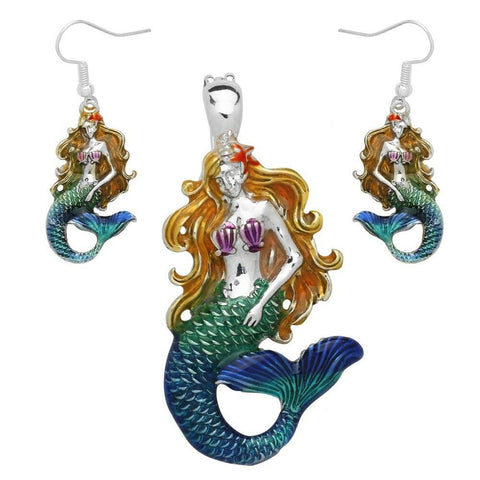 Mermaid Pendant SET Earrings Necklace Charm SeaLife Beach Beauty SILVER MULTI - PalmTreeSky