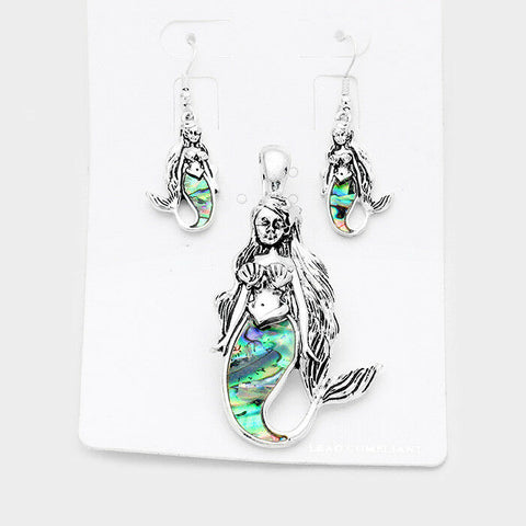 Mermaid Pendant SET Earrings ABALONE SHELL SILVER Necklace Charm SeaLife Beauty - PalmTreeSky