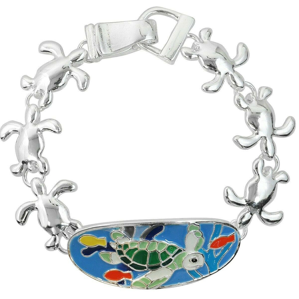 Magnetic Bracelet Sea Turtle Metal SILVER Enamel Painted Ocean Beach Jewelry - PalmTreeSky