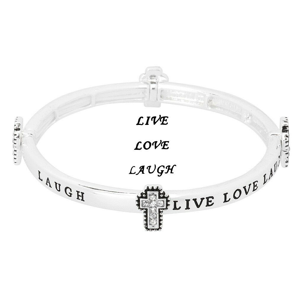 Live Love Laugh Bracelet Stretch Bangle Pave Cross Prayer Friend SILVER CLEAR - PalmTreeSky