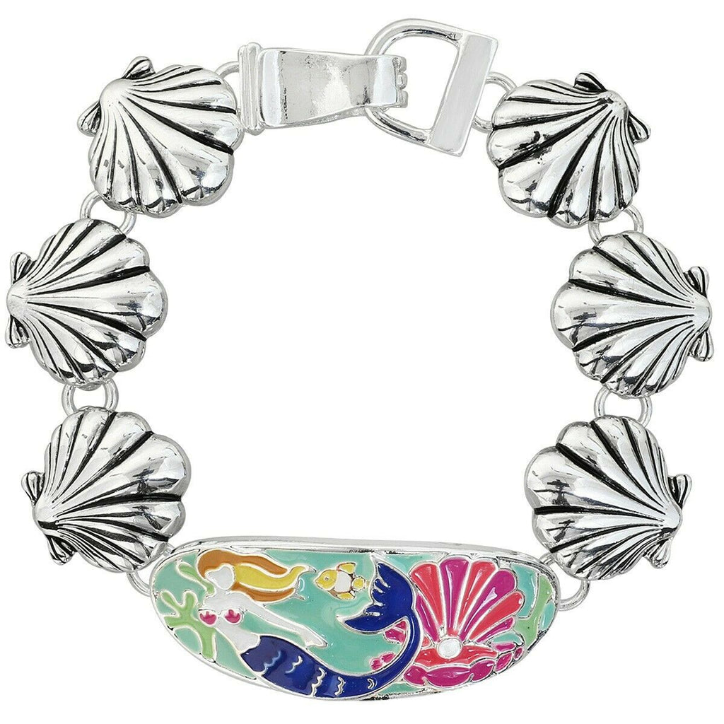 Magnetic Bracelet Sea Shell Mermaid Metal SILVER Enamel Painted Ocean Jewelry - PalmTreeSky