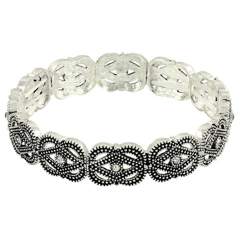 Marcasite Bracelet Stretch Bangle Textured SILVER Crystal Metal 1/2"W Style 60 - PalmTreeSky