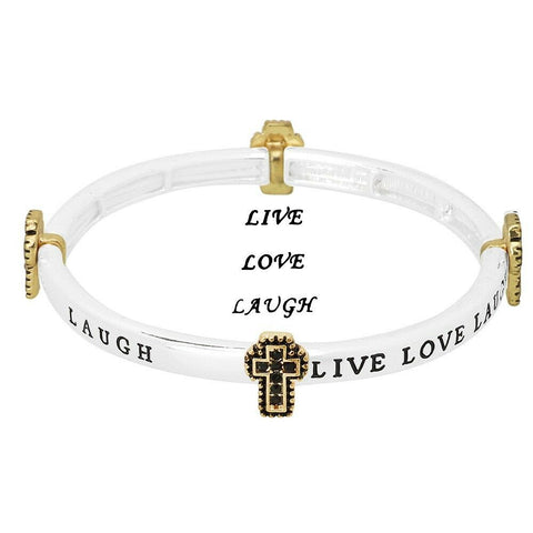 Live Love Laugh Bracelet Stretch Bangle Pave Cross Prayer Friend SILVER BLACK - PalmTreeSky