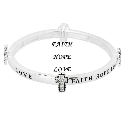 Love Hope Faith Bracelet Stretch Bangle Pave Cross Charm Religious SILVER CLEAR - PalmTreeSky