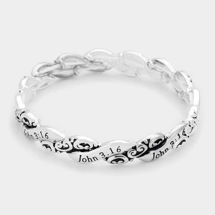 John 3:16 Prayer Bracelet Prayer Bangle Twisted Stretch Silver Faith Religious - PalmTreeSky