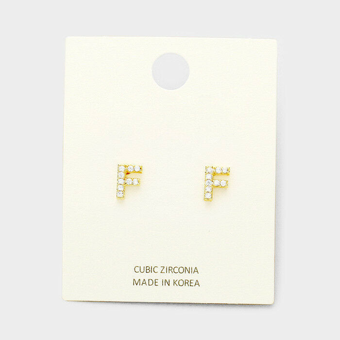 Initial Earrings Monogram Letter F Stud Post Cubic Zirconia Tiny Small GOLD - PalmTreeSky