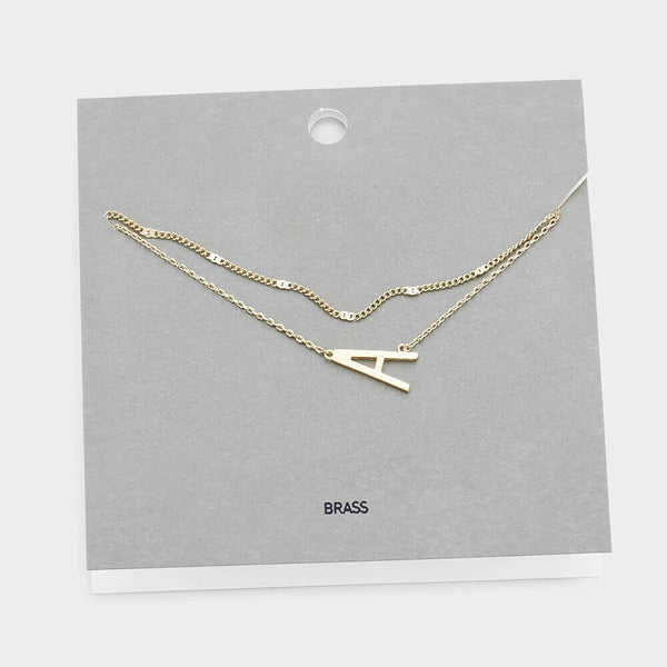 Initial Necklace Layered Chain Sideways Pendant Side Letter A Monogram GOLD - PalmTreeSky