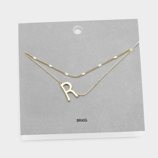 Initial Necklace Layered Chain Sideways Pendant Side Letter R Monogram GOLD - PalmTreeSky