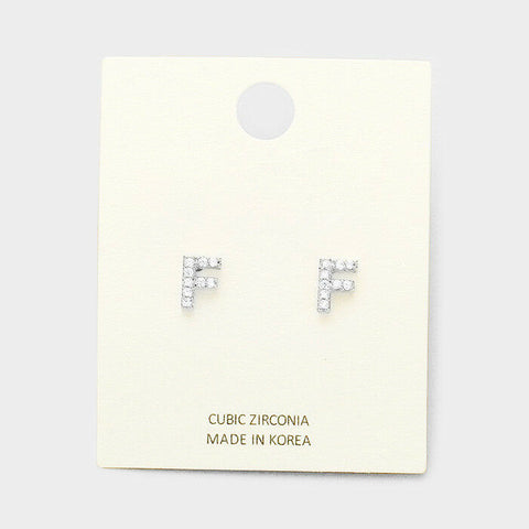 Initial Earrings Monogram Letter F Stud Post Cubic Zirconia Tiny Small SILVER - PalmTreeSky