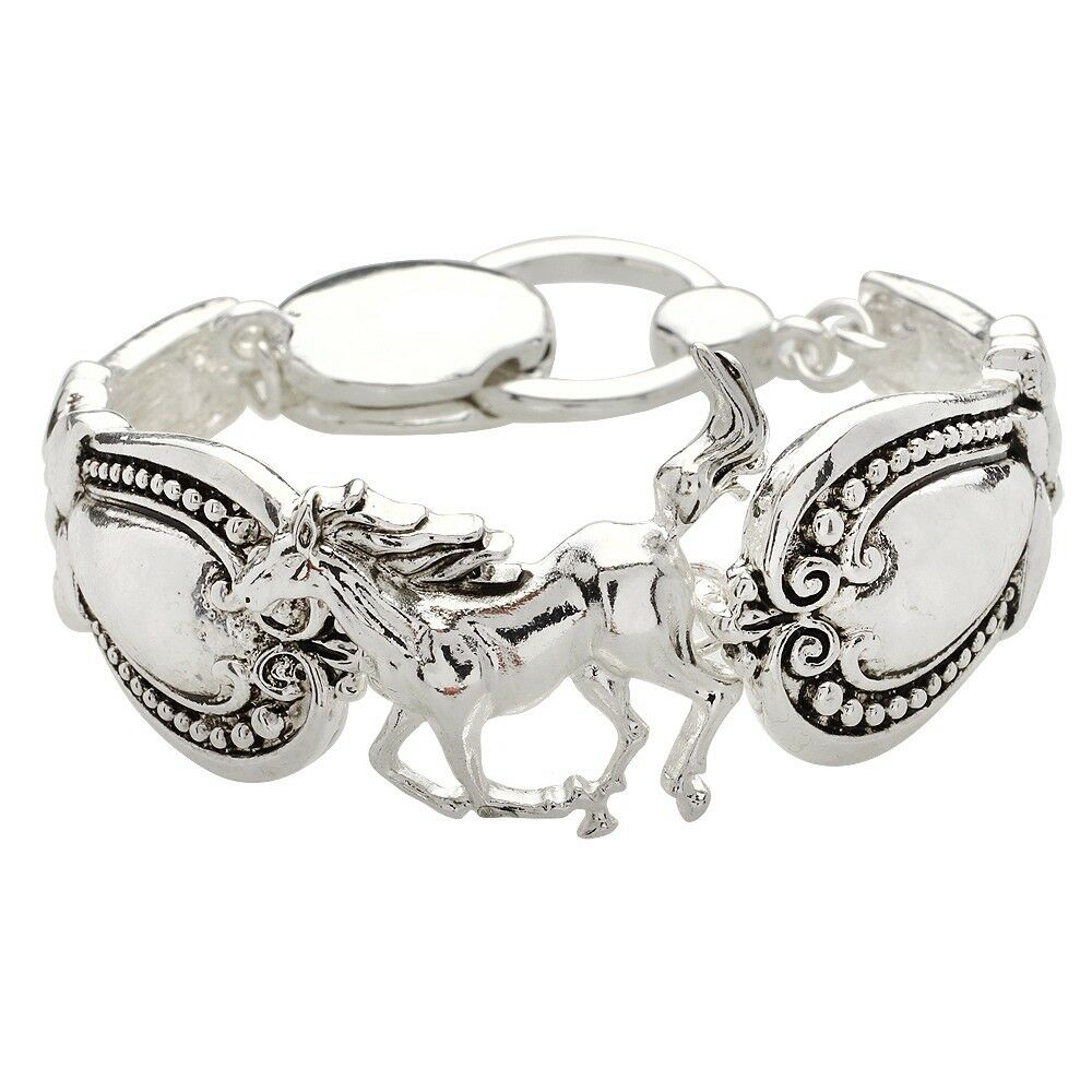 Horse Bracelet Spoon Magnetic Bangle SILVER Flower Textured Metal Floral Farm - PalmTreeSky