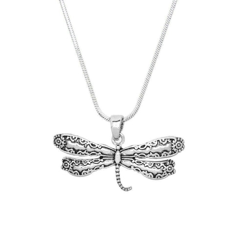 Dragonfly Necklace Filigree Spoon Metal Pendant SILVER Antique Flower Jewelry - PalmTreeSky