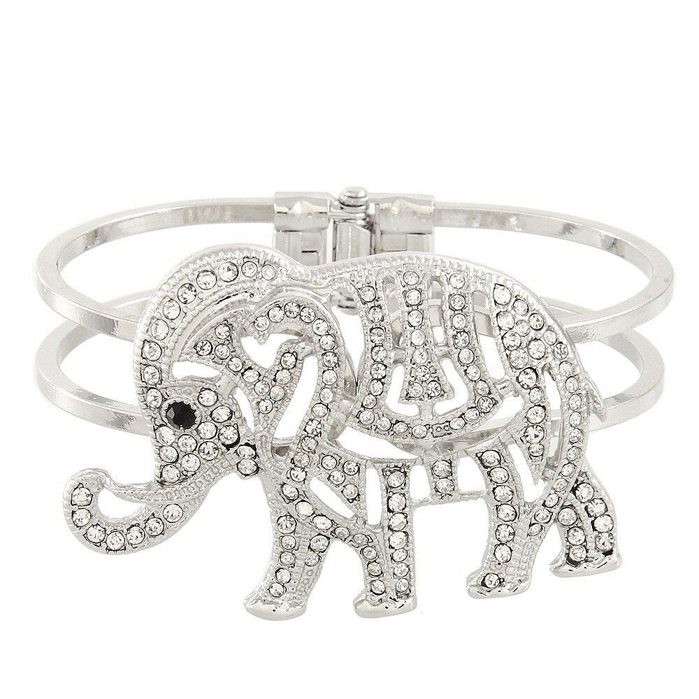 Elephant Bracelet Hinge Bangle Double Metal Bar Rhinestone Cutout SILVER Jewelry - PalmTreeSky