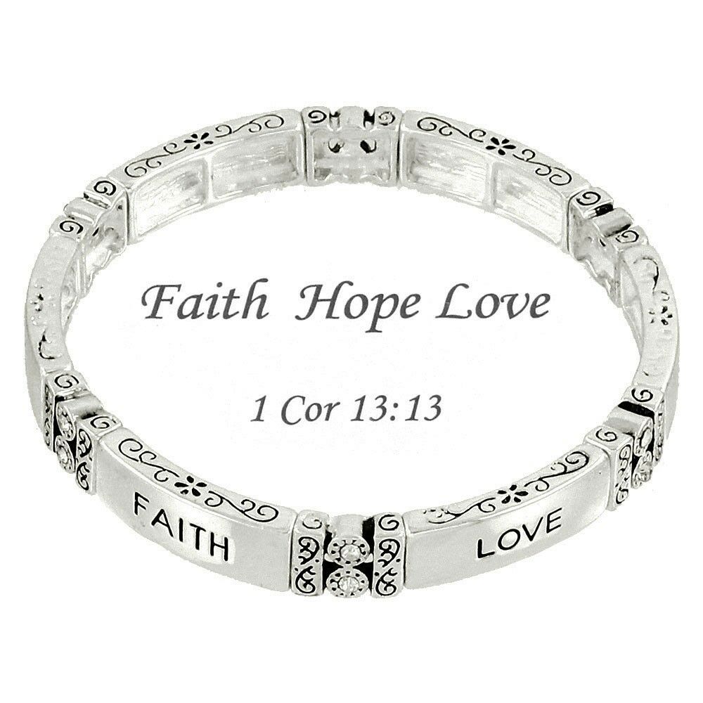 Faith Love Hope Bracelet Stretch Flower Swirly Design SILVER Message Quote - PalmTreeSky