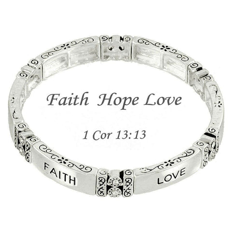 Faith Love Hope Bracelet Stretch Flower Swirly Design SILVER Message Quote - PalmTreeSky