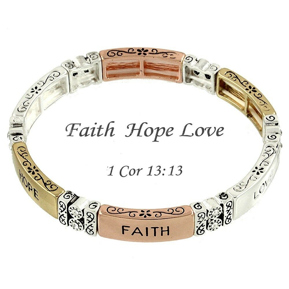 Faith Love Hope Bracelet Stretch Flower Swirly Design SILVER GOLD Message Quote - PalmTreeSky
