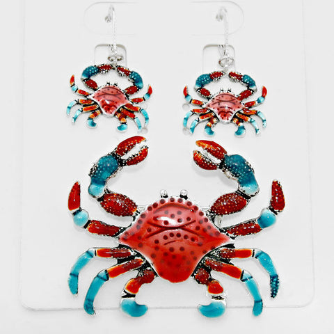 Crab Pendant Earrings SET Metal Beaded Enamel  RED TURQ SILVER Beach Jewelry - PalmTreeSky