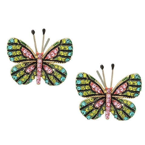 Butterfly Earrings Pave Rhinestone Crystal Stud Post Backs PINK MULTI 16x14mm - PalmTreeSky