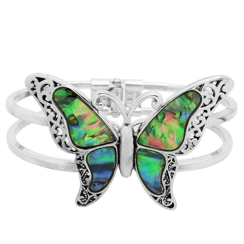 Butterfly Bracelet Double Metal Bar Hinge Bangle SILVER Abalone Shell Filigree - PalmTreeSky