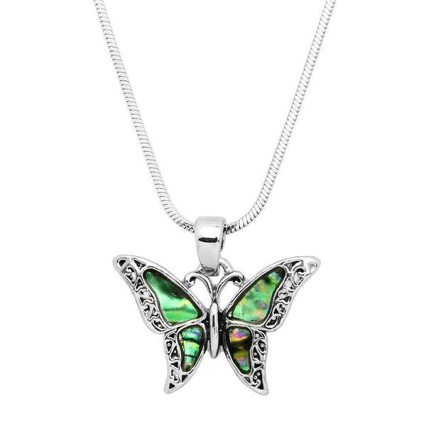 Butterfly Necklace Small Pendant Abalone Shell Textured Metal Sea Life SILVER - PalmTreeSky