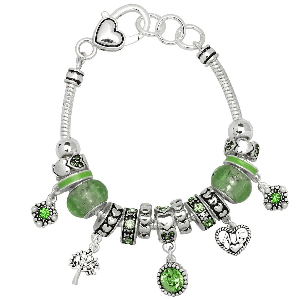 Birthstone Bracelet Multi Sliding Bead Heart Tree August Peridot SILVER Jewelry - PalmTreeSky