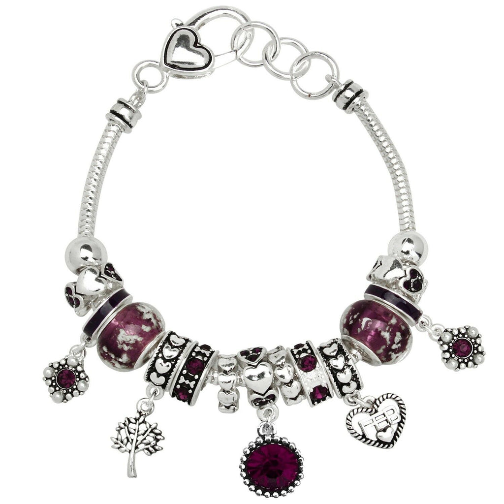 Birthstone Bracelet Multi Sliding Bead Heart Tree February Purple SILVER Jewelry - PalmTreeSky