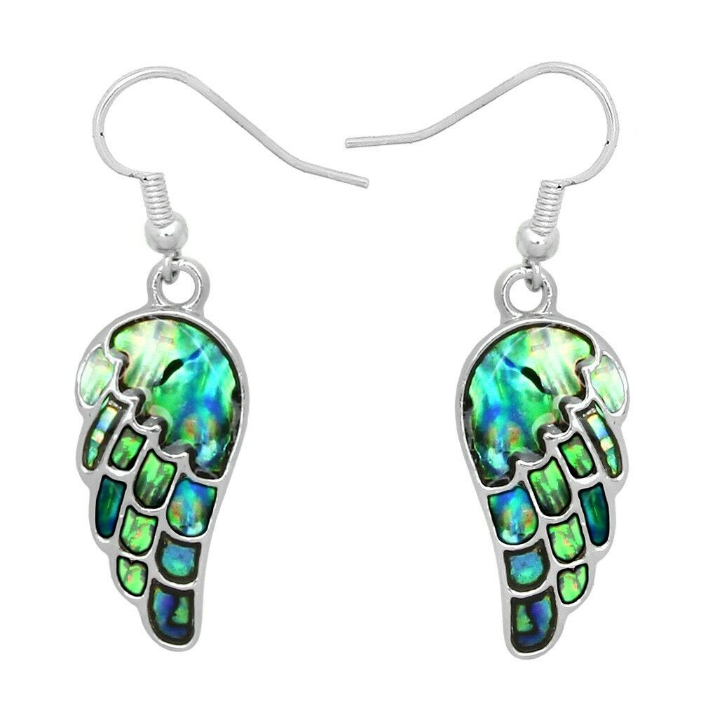 Angel Wings Abalone Shell Filigree Metal Hanging Drop Faith Religious Jewelry - PalmTreeSky