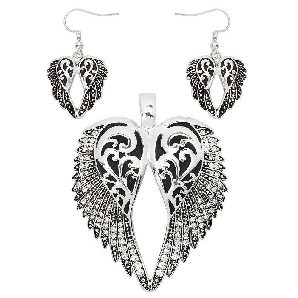 Angel Wings Pendant Earrings SET Metal Pave Rhinestone 2.75" SILVER Jewelry - PalmTreeSky