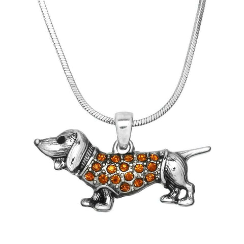 Dog Charm Necklace Pet Doggie Animal Friend Weiner Dog Rhinestones SILVER BROWN - PalmTreeSky