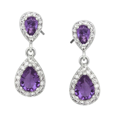 Crystal Earrings Stud Post Double Teardrop CZ Cubic Zirconia Crystal SILVER PURP - PalmTreeSky