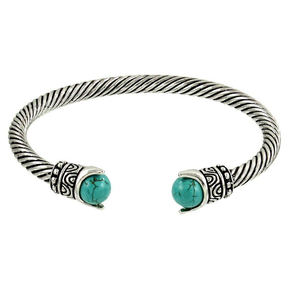 Cuff Bracelet Twisted Metal Open Bangle TURQUOISE SILVER Textured Metal Howlite - PalmTreeSky