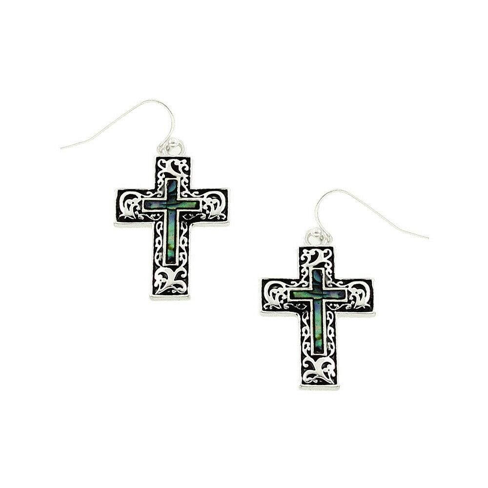 Cross Earrings Abalone Shell Faith Hope Love Religious Pray Bless 1"Drop SILVER - PalmTreeSky