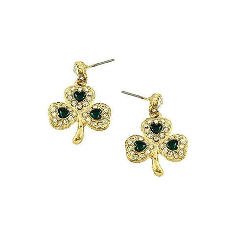 Clover Earrings Crystal Stud Three Leaf Shamrock Luck Irish St Patricks GOLD - PalmTreeSky