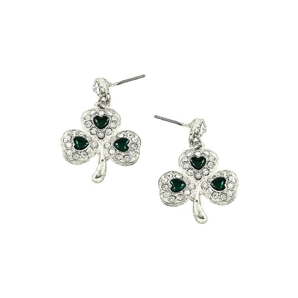 Clover Earrings Crystal Stud Three Leaf Shamrock Luck Irish St Patricks SILVER - PalmTreeSky