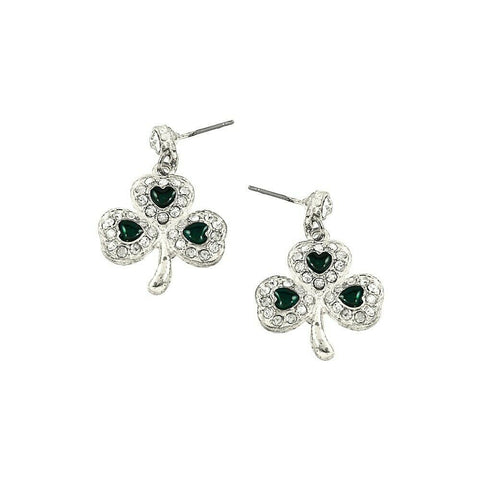 Clover Earrings Crystal Stud Three Leaf Shamrock Luck Irish St Patricks SILVER - PalmTreeSky