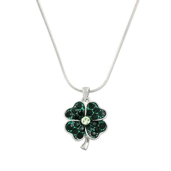 Clover Necklace Crystal Stone Four Leaf Shamrock Luck Irish St Patricks SILVER - PalmTreeSky