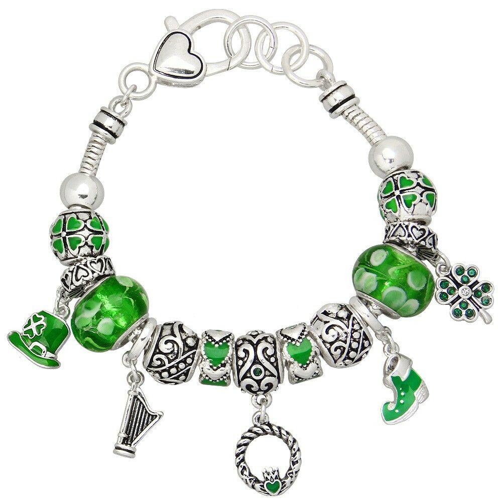 Clover Bracelet Multi Bead Leaf St Patricks Irish SILVER Claddagh Celtic Jewelry - PalmTreeSky