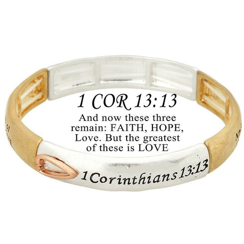 Corinthians 13:13 Bracelet Heart Faith Love Hope Prayer Stretch Believe TWO TONE - PalmTreeSky