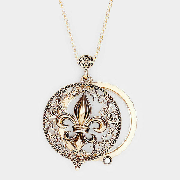 Magnifying Glass Necklace Fleur de Lis Saint Religious Faith 33" Long Chain GOLD - PalmTreeSky