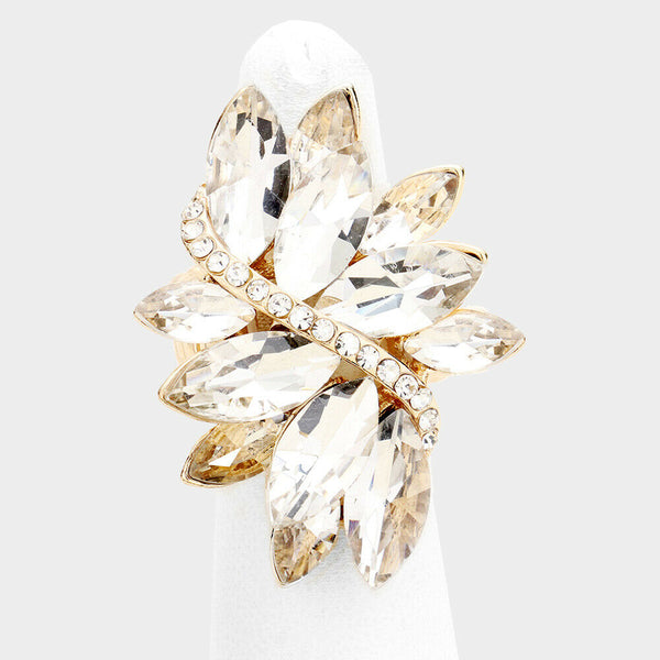 Cocktail Ring Large Wide Marquise Swirl Rhinestone Stretch Band Crystal GOLD CLR - PalmTreeSky