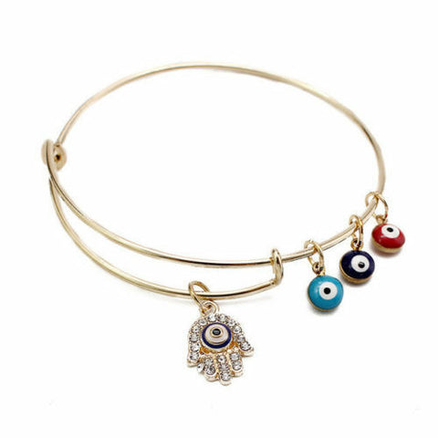 Evil Eye Bracelet Hamsa Hand of God Luck Bangle Tiny Charms Rhinestone GOLD BLUE - PalmTreeSky