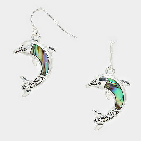 Dolphin Earrings Sealife Abalone Shell SILVER 1.5" Drop Beach Surfer Jewelry - PalmTreeSky