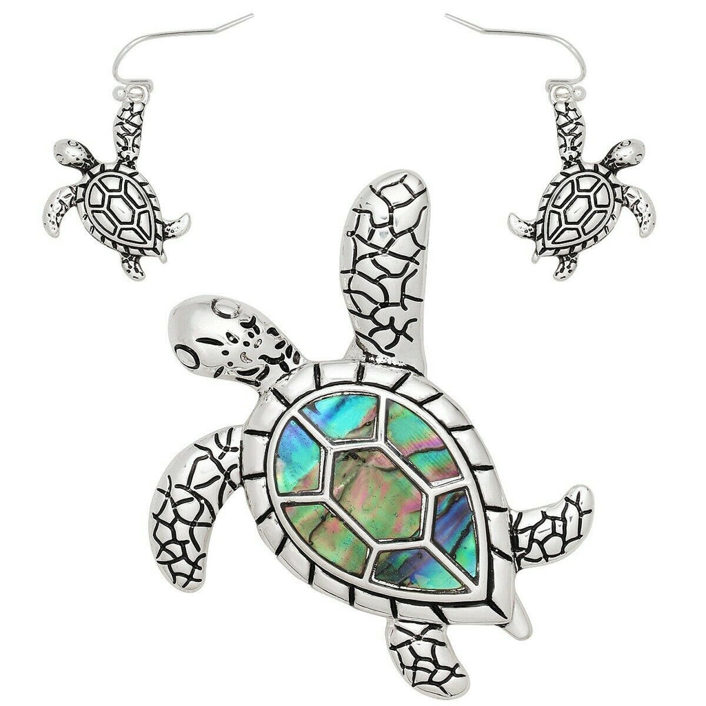 Sea Turtle Pendant SET Necklace Earrings Abalone Shell Mermaid Surf Whale SILVER - PalmTreeSky