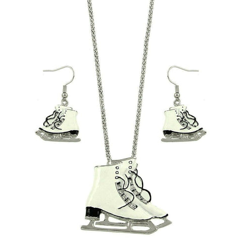 Ice Skates Skate Necklace SET Pendant Snake Chain Metal SILVER Snow Jewelry - PalmTreeSky