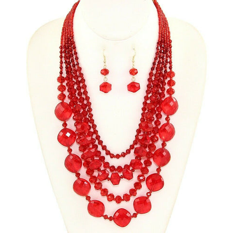 Crystal Necklace Earring SET Glass Bead Long Layered Chunky Statement Event RED - PalmTreeSky